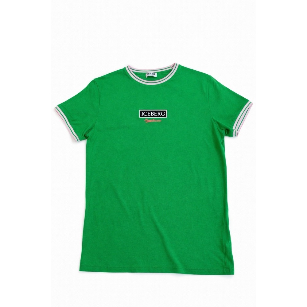 Iceberg Men's Green Cotton T-Shirt Embroidered Logo Ringer Tee Striped Cuffs L